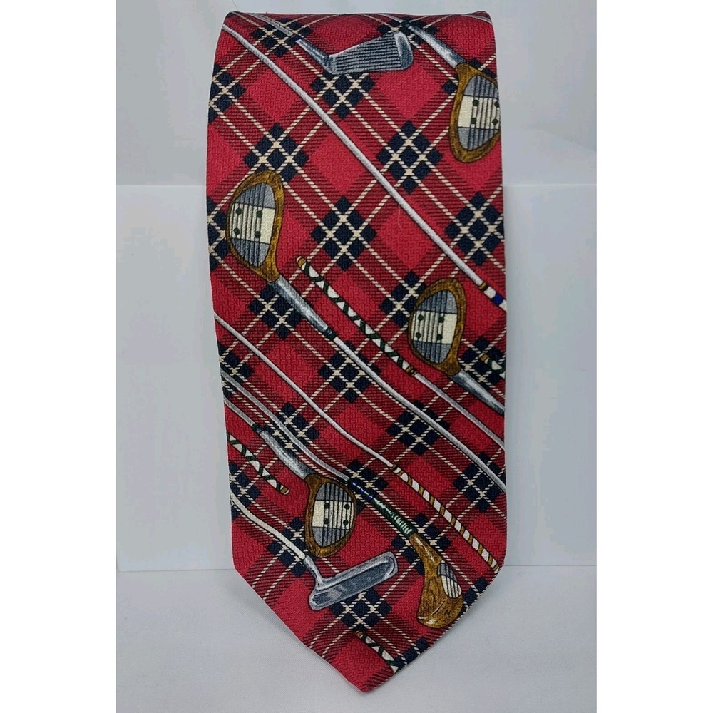 Vintage 90s Natures Museum Coll. Tie Red Black‎ Plaid Tartan Necktie Golf Clubs